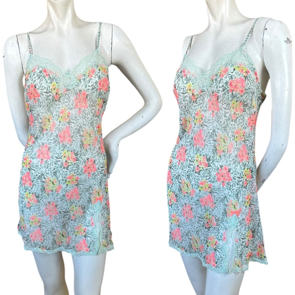 Victoria’s Secret Coral Green All Over Palm Flower Print Sheer Slip Dress Medium